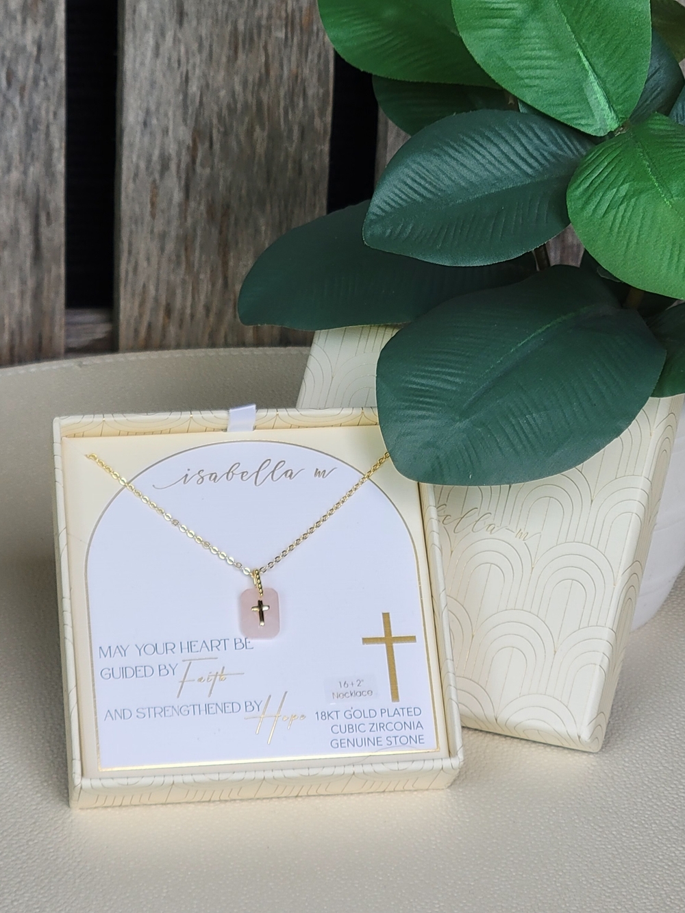 Isabella M 18K Gold-Plated Genuine Pink Stone Cross Pendant Necklace - Picture 3 of 4